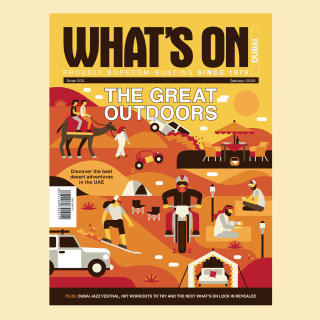 Ilustración de portada de revista What&#39;s On Dubai 