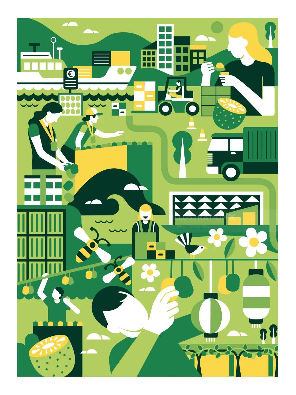 Urban farming scene with people harvesting crops and gardening by Greg Straight