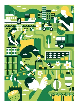 Urban farming scene with people harvesting crops and gardening by Greg Straight