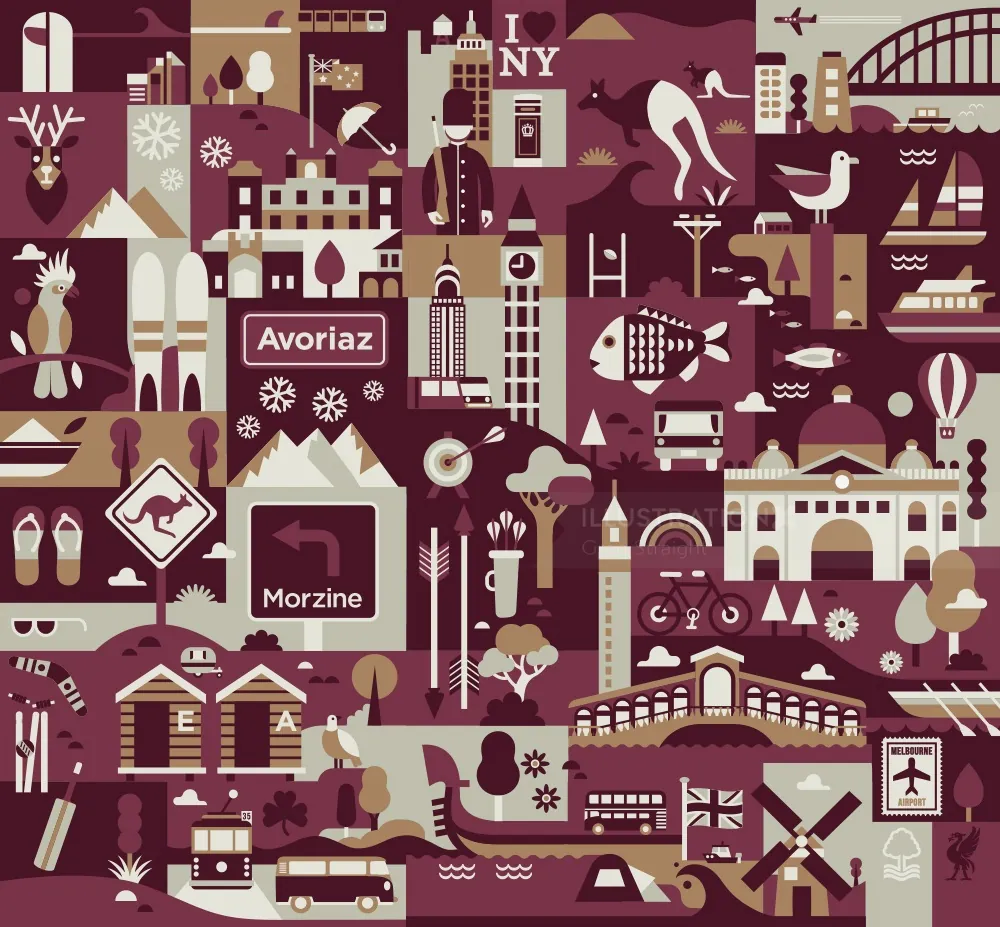 Stylized cityscape with travel and transportation icons by Greg Straight
