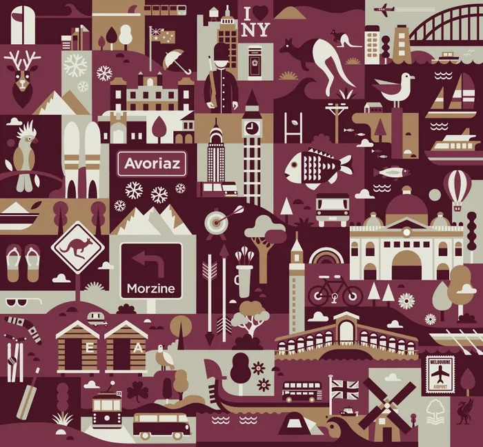 Stylized cityscape with travel and transportation icons by Greg Straight