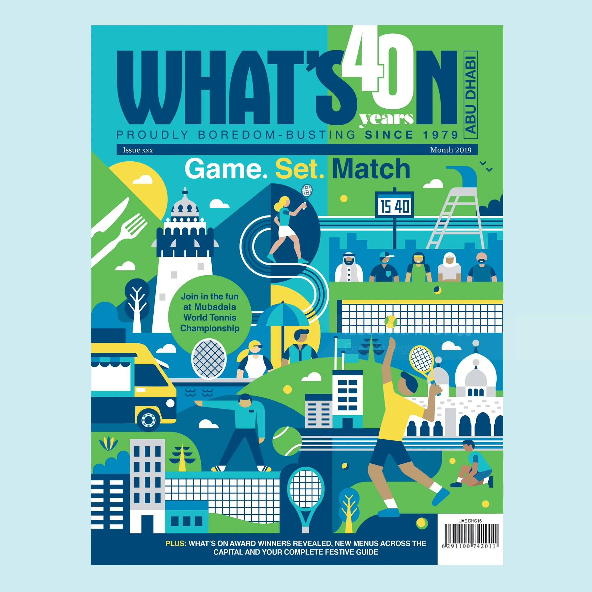 What's On Dubai March 2023 cover featuring tennis and Dubai landmarks by Greg Straight