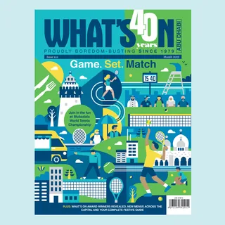 What's On Dubai March 2023 cover featuring tennis and Dubai landmarks by Greg Straight
