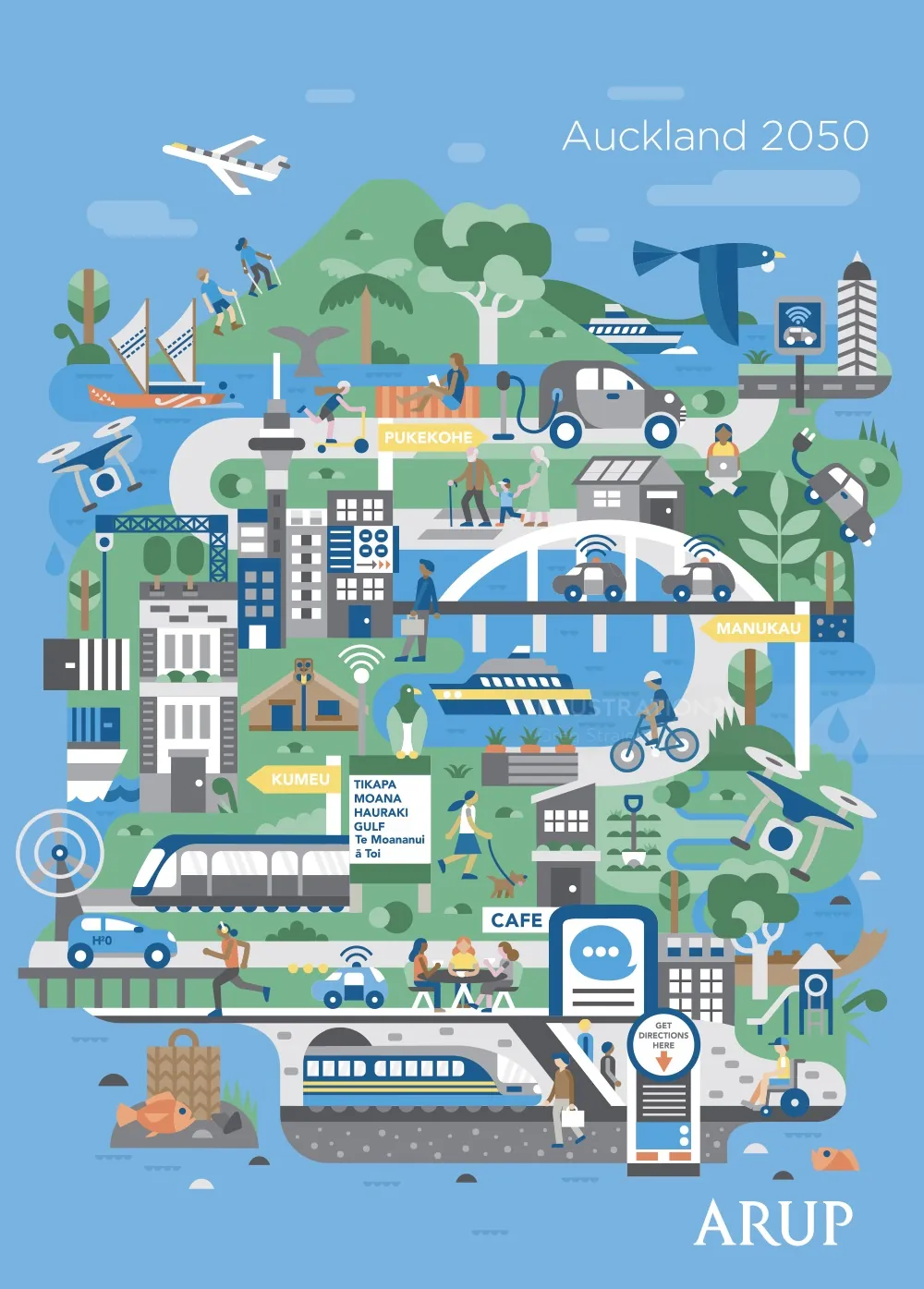 Futuristic Auckland 2050 cityscape with transport and green spaces by Greg Straight