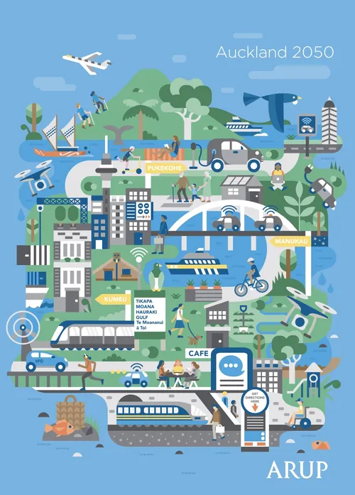 Futuristic Auckland 2050 cityscape with transport and green spaces by Greg Straight