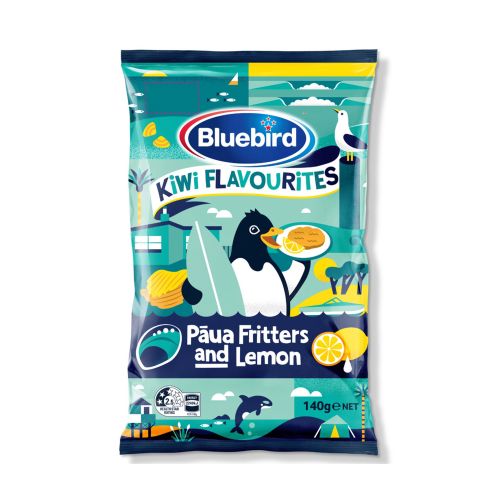 Blue Bird Paua Fritter and Lemon chips packaging illustration