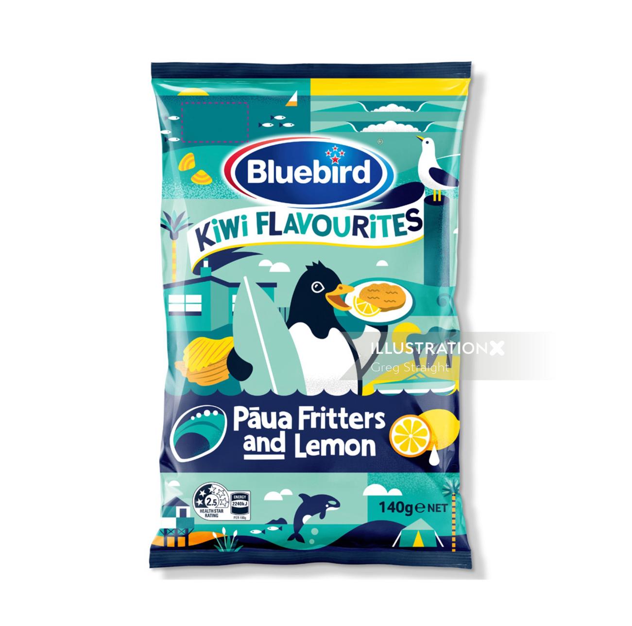 Ilustração de embalagens de Blue Bird Paua Fritter e Lemon chips
