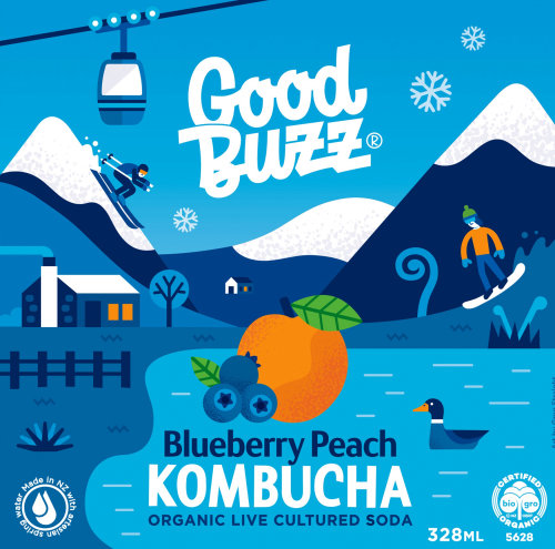 Ilustración publicitaria de Blueberry Peach Kombucha