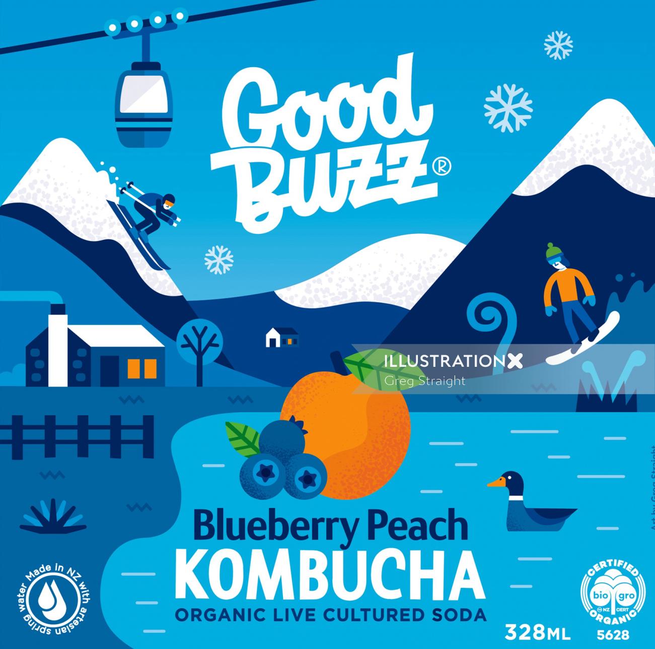 Blueberry Peach Kombucha advertising illustration 