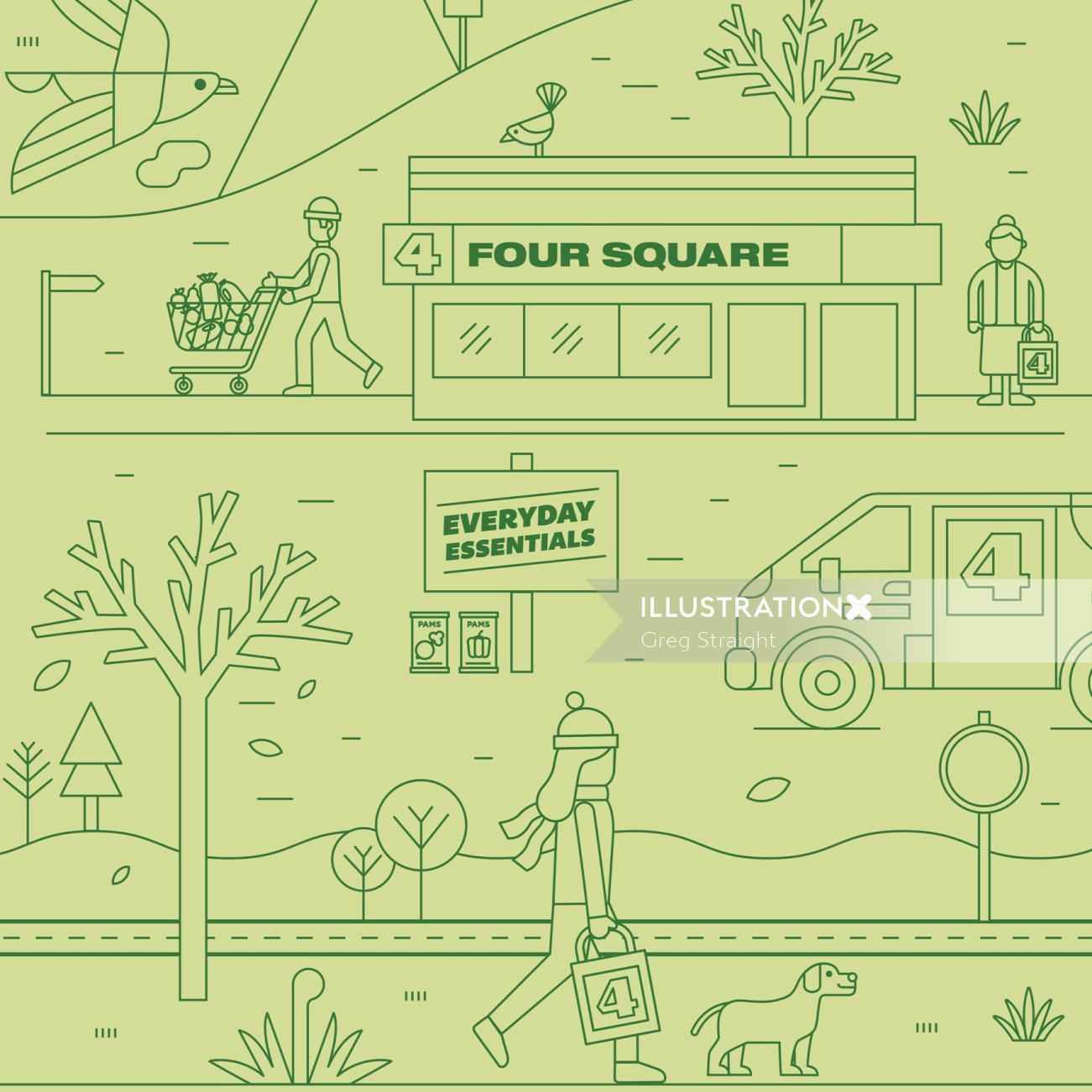 Ilustração do mapa do supermercado Four Square NZ