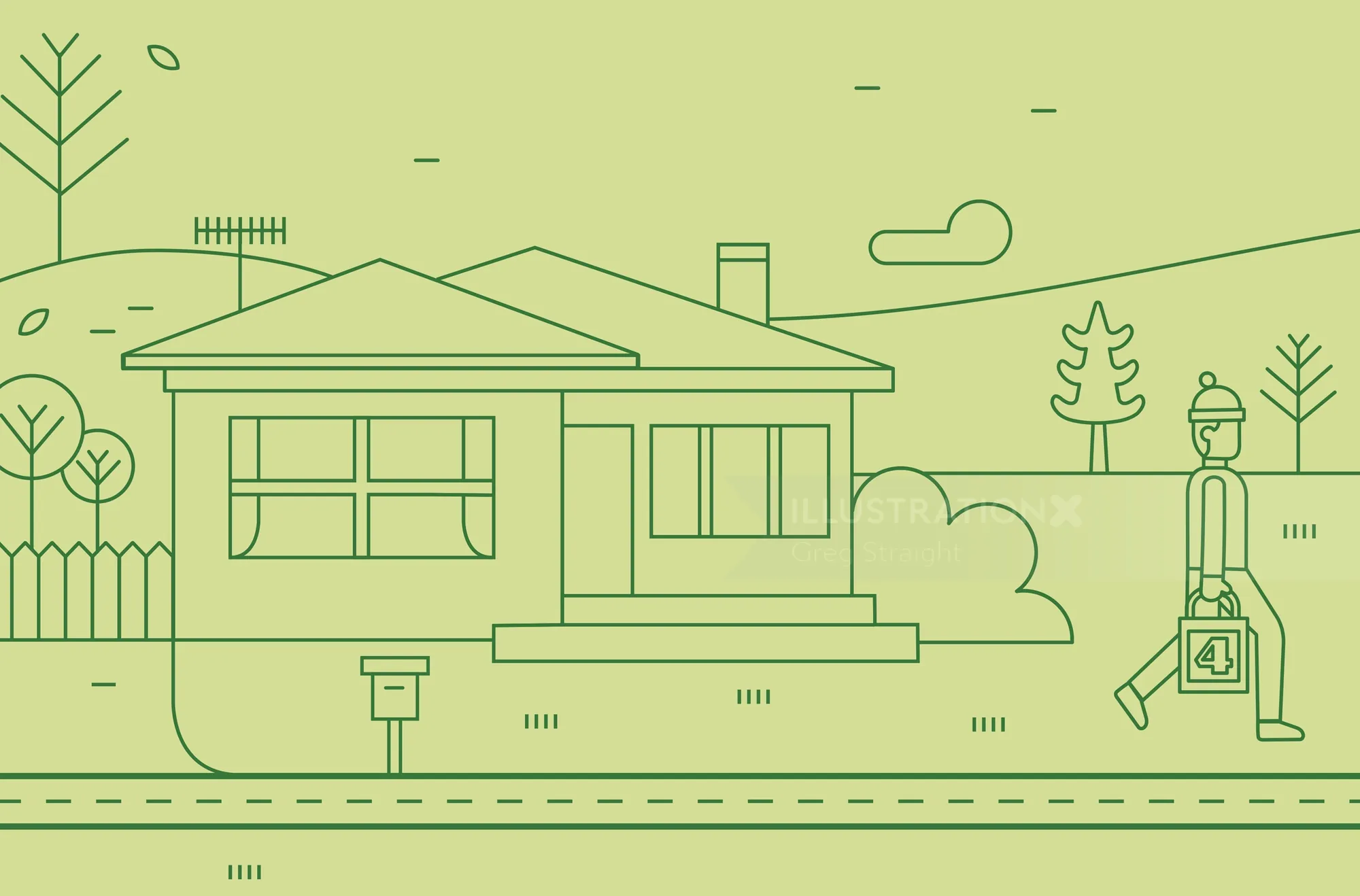 Minimalist line art of a house with porch and garden by Greg Straight