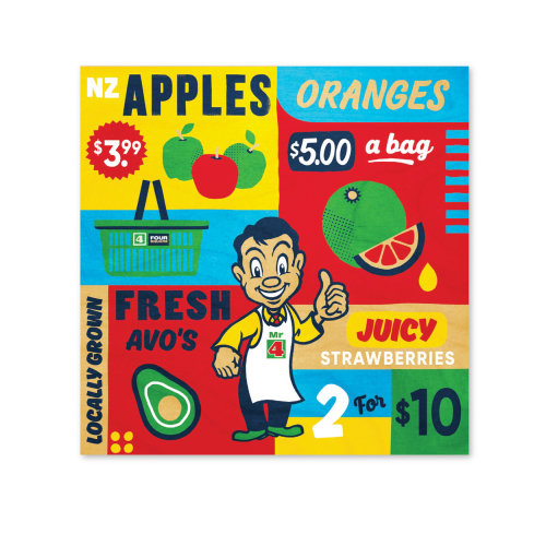 Diseño gráfico de etiqueta de precio para frutas cultivadas localmente en Nueva Zelanda