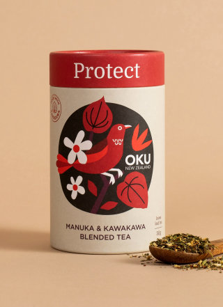 Ilustración del empaque del té mezclado Manuka y Kawakawa