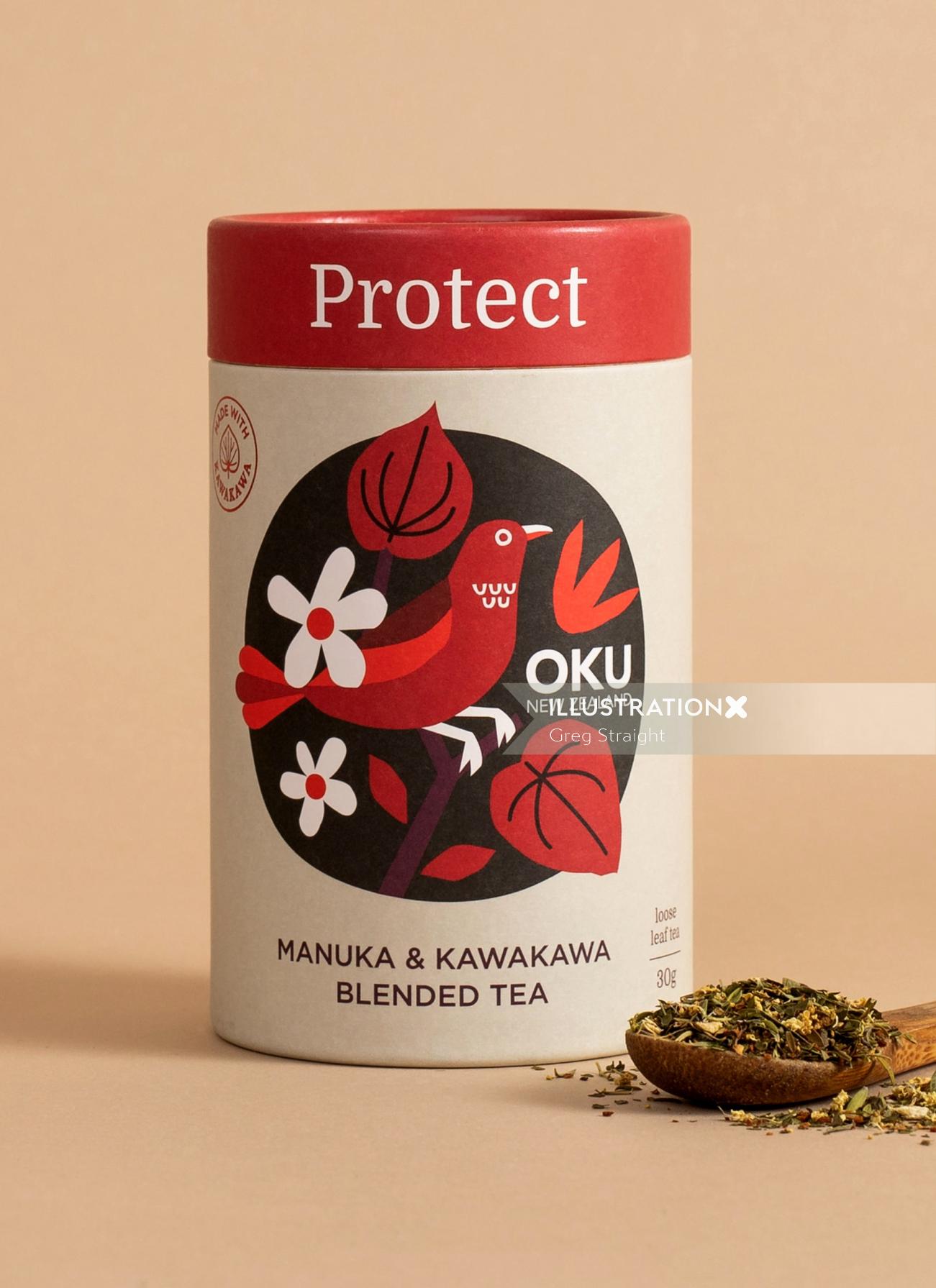 Ilustração da embalagem do chá misturado Manuka e Kawakawa