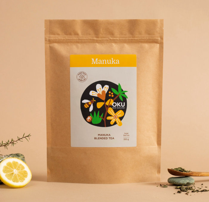 Oku & Manuka Blended 150g loose leaf tea packaging design