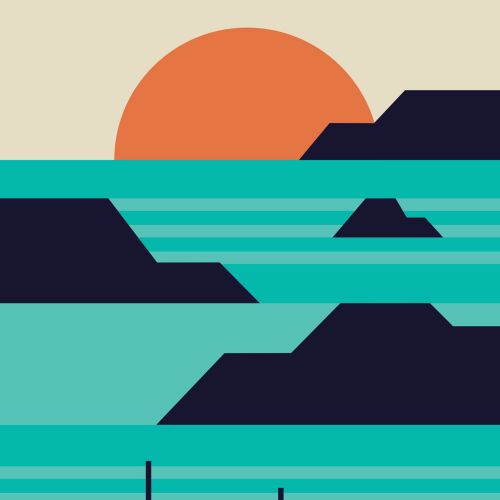 Abstract Sun, Mountains and boats illustration