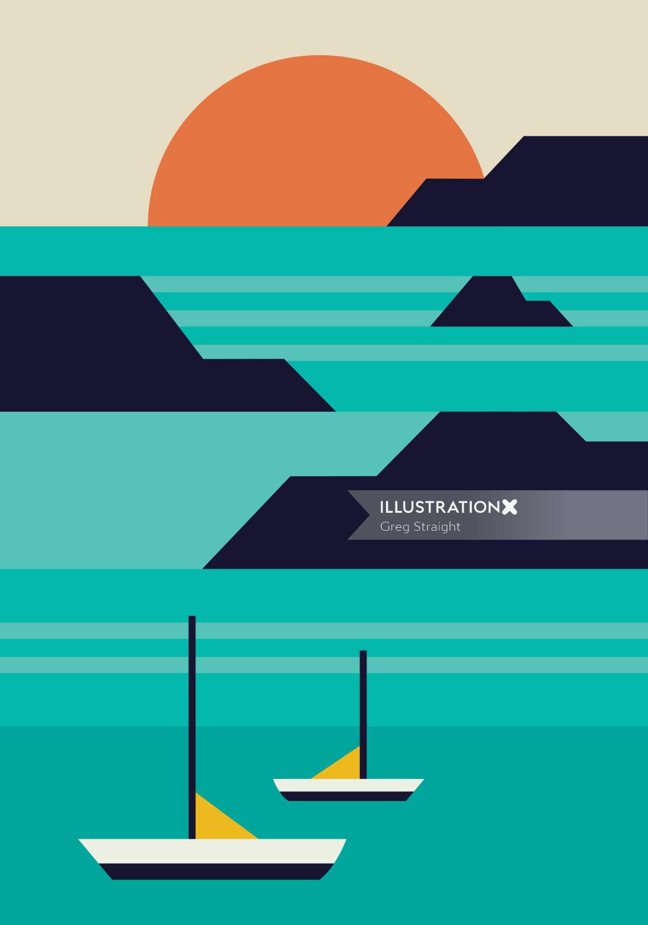Ilustração abstrata de sol, montanhas e barcos