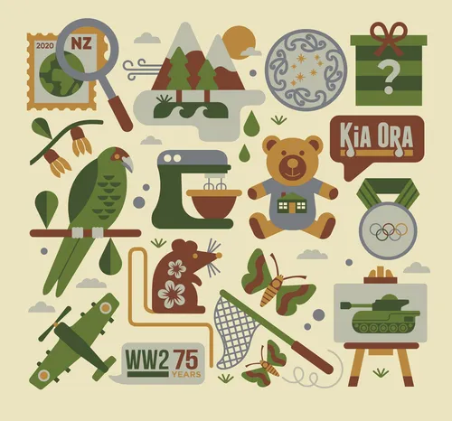 New Zealand themed illustration with wildlife, sports, and cultural icons by Greg Straight