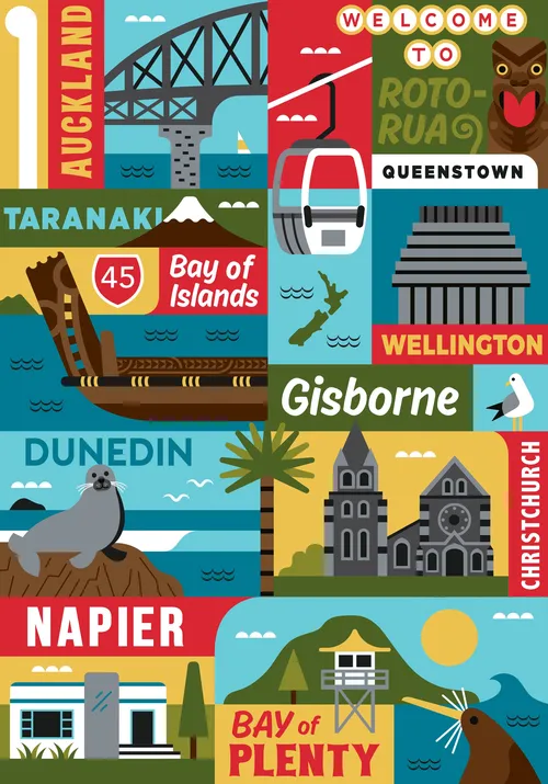 New Zealand travel poster featuring Auckland, Wellington, Dunedin, and other cities by Greg Straight