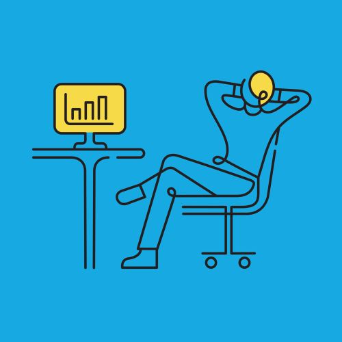 Line art of person with lightbulb head relaxing near computer showing bar chart by Greg Straight