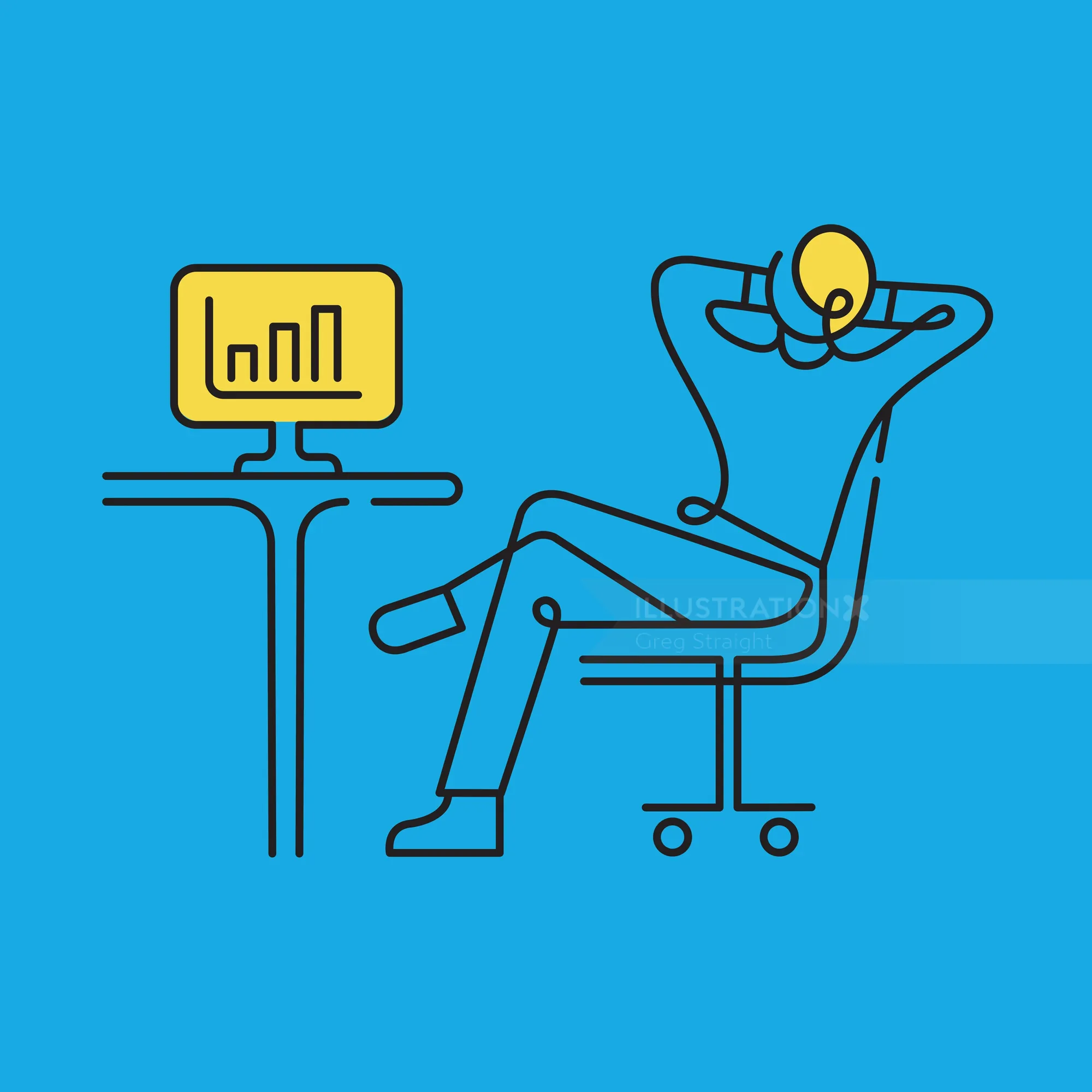 Line art of person with lightbulb head relaxing near computer showing bar chart by Greg Straight
