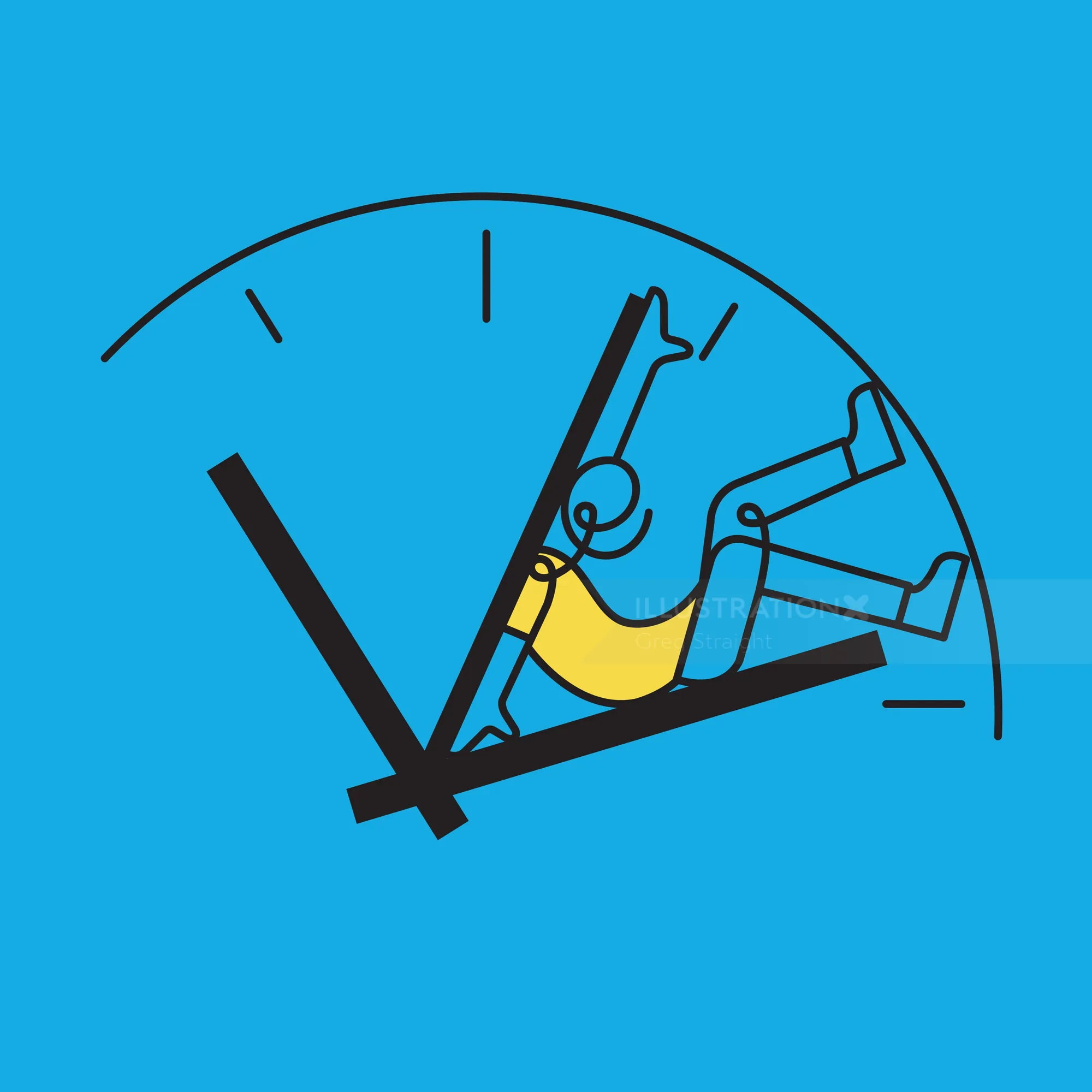 Illustration of person trapped inside clock hands, by Greg Straight