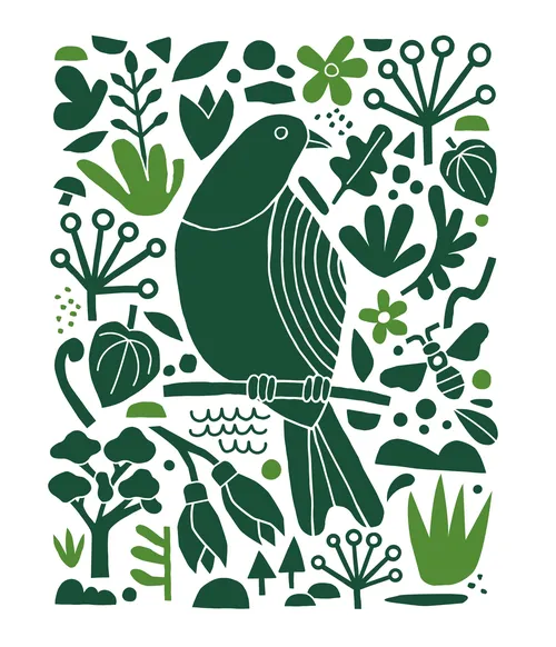 Green stylized bird with leaves and floral patterns by Greg Straight