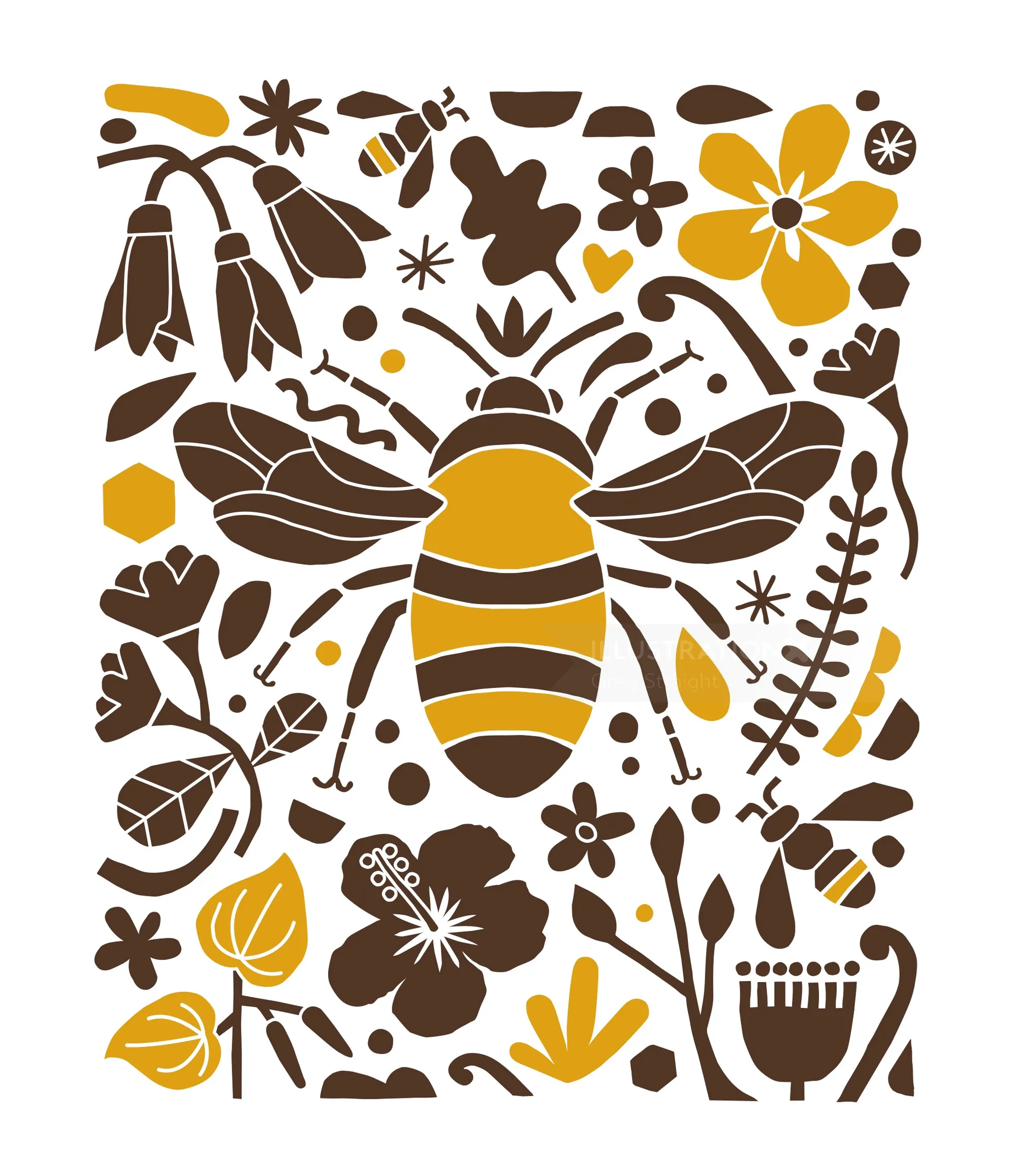Stylized bee and floral pattern illustration by Greg Straight