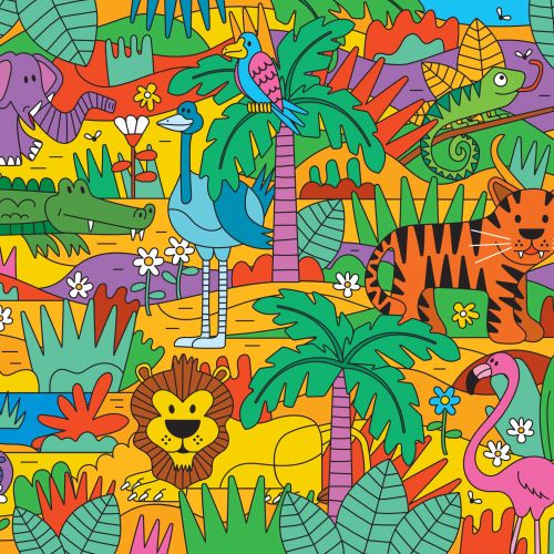 Colorful jungle animals including elephants, lions, and tigers by Greg Straight