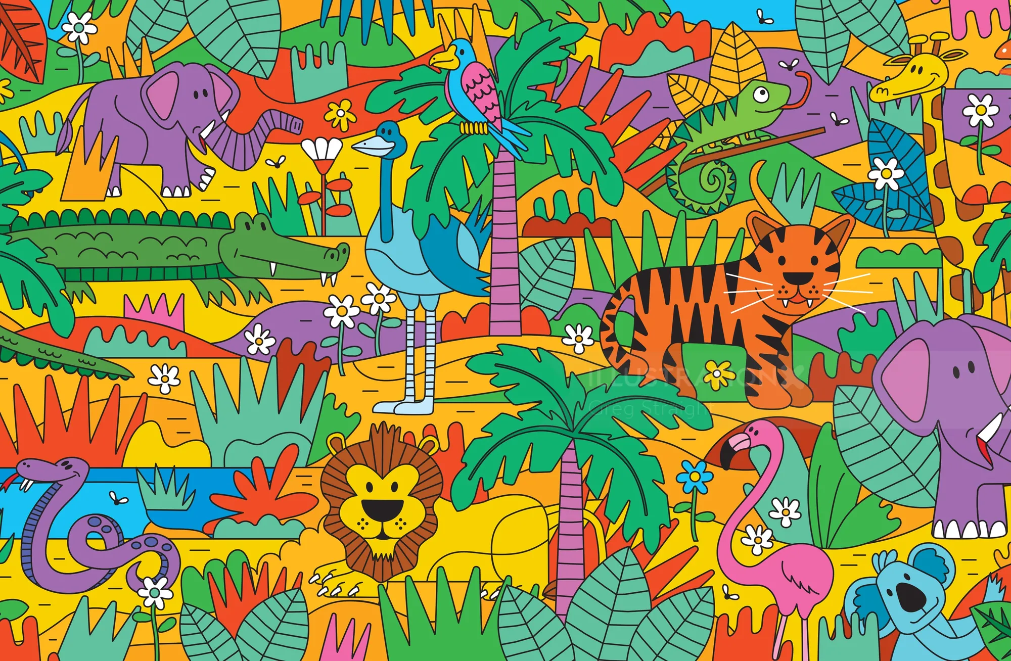 Colorful jungle animals including elephants, lions, and tigers by Greg Straight