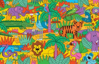 Colorful jungle animals including elephants, lions, and tigers by Greg Straight