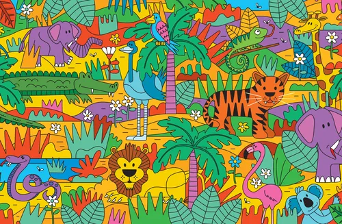 Colorful jungle animals including elephants, lions, and tigers by Greg Straight