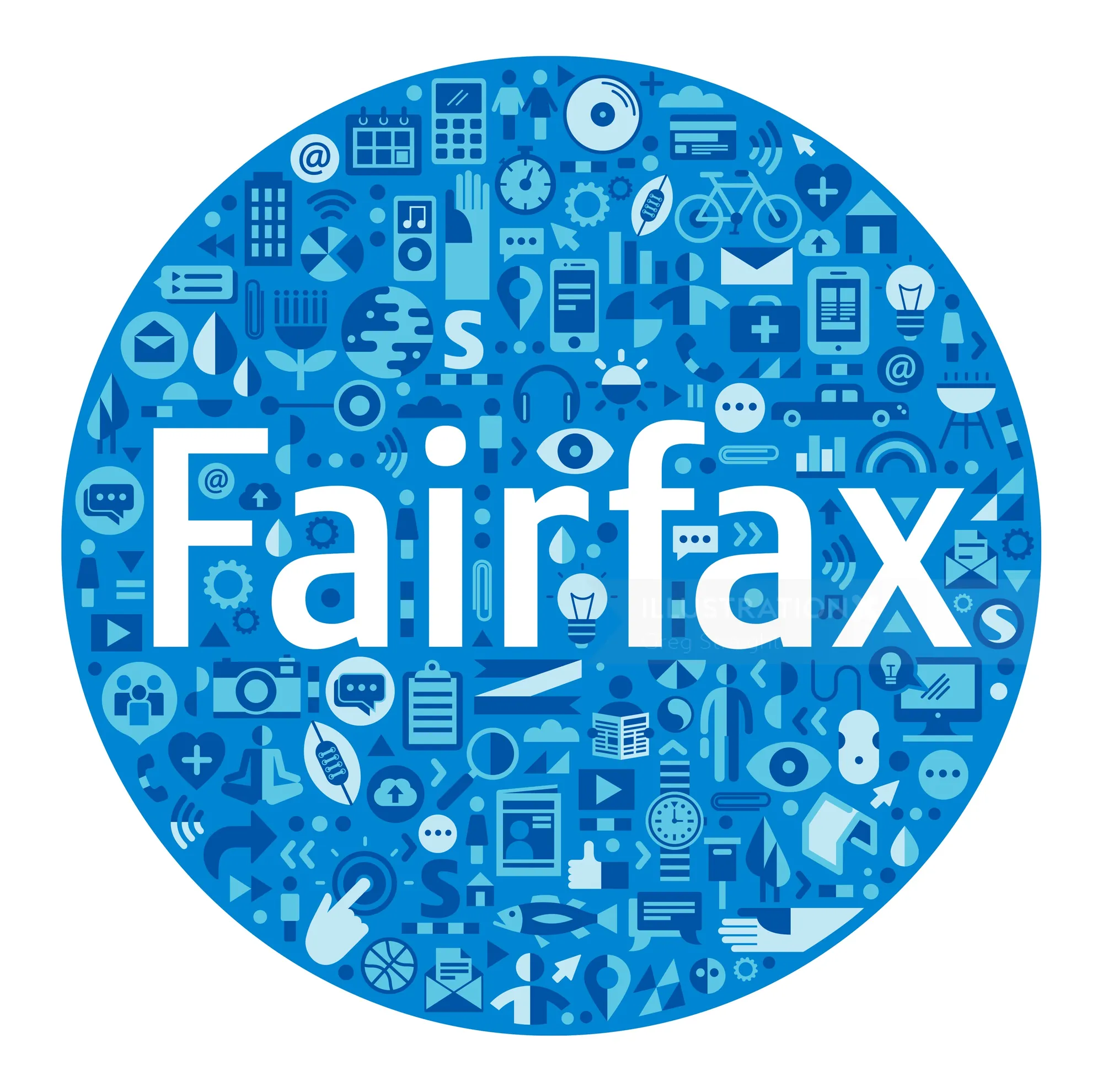 Blue circular technology icons with the word Fairfax in the center by Greg Straight