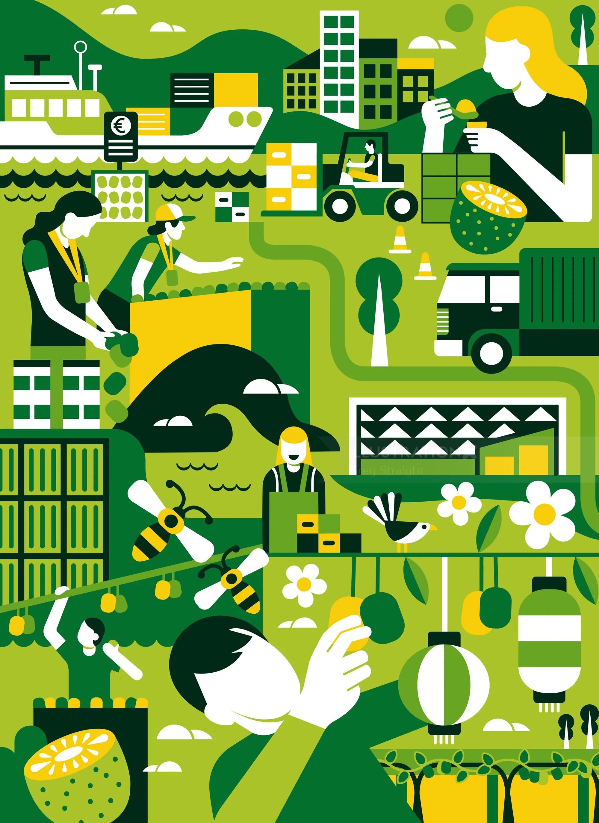 Stylized urban and agricultural lifestyle illustration by Greg Straight