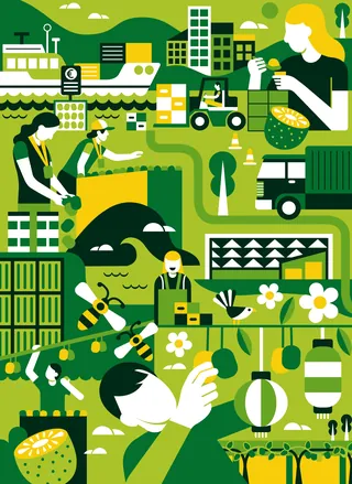 Stylized urban and agricultural lifestyle illustration by Greg Straight