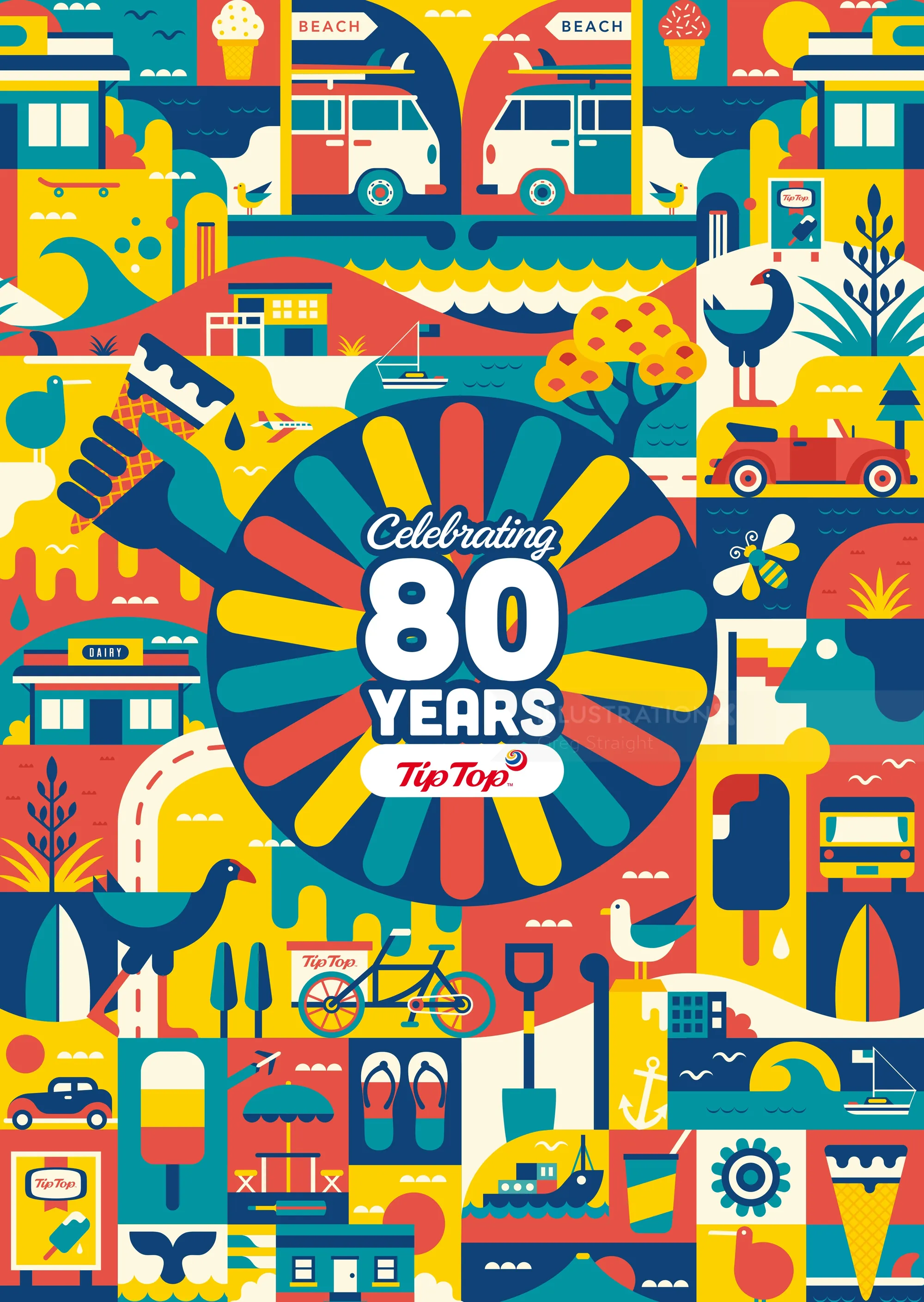 Bright, colorful illustration celebrating 80 years of Tip Top by Greg Straight