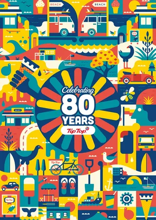 Bright, colorful illustration celebrating 80 years of Tip Top by Greg Straight