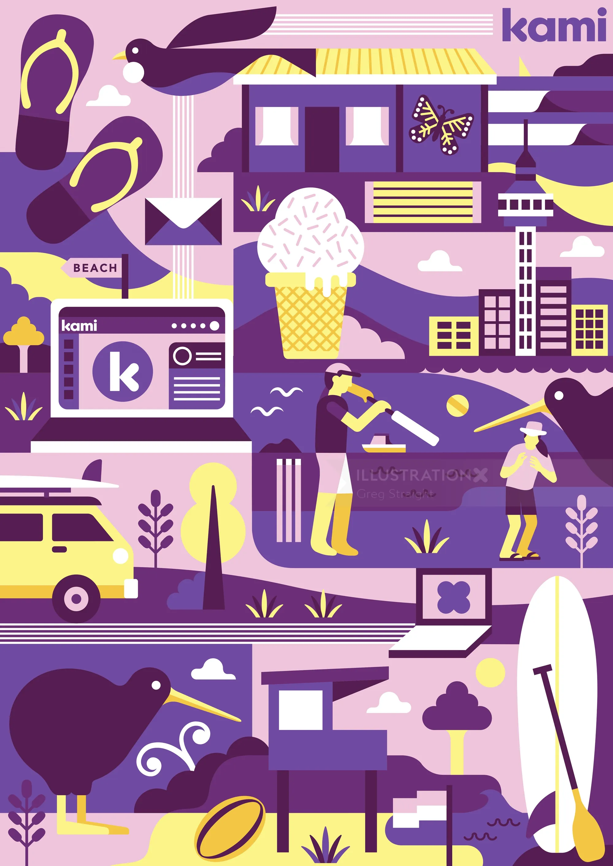 Colorful summer beach illustration with surfers and ice cream by Greg Straight
