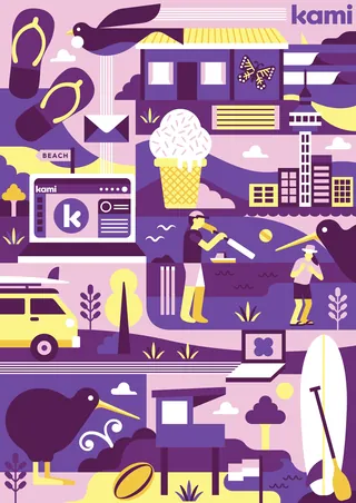 Colorful summer beach illustration with surfers and ice cream by Greg Straight