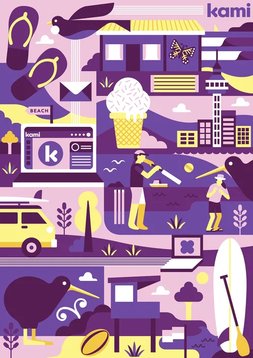 Colorful summer beach illustration with surfers and ice cream by Greg Straight