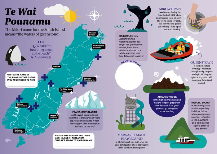 Illustrated map of New Zealand's South Island with landmarks by Greg Straight