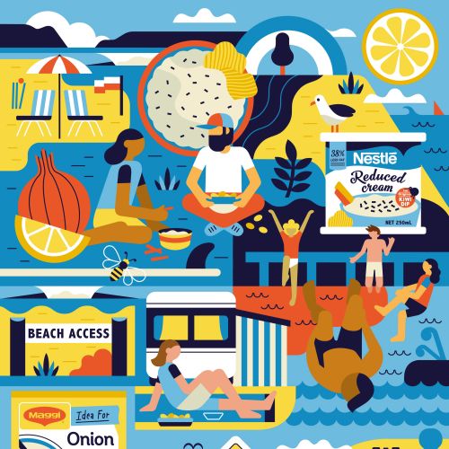 Beach illustration with Nestlé and Maggi products by Greg Straight