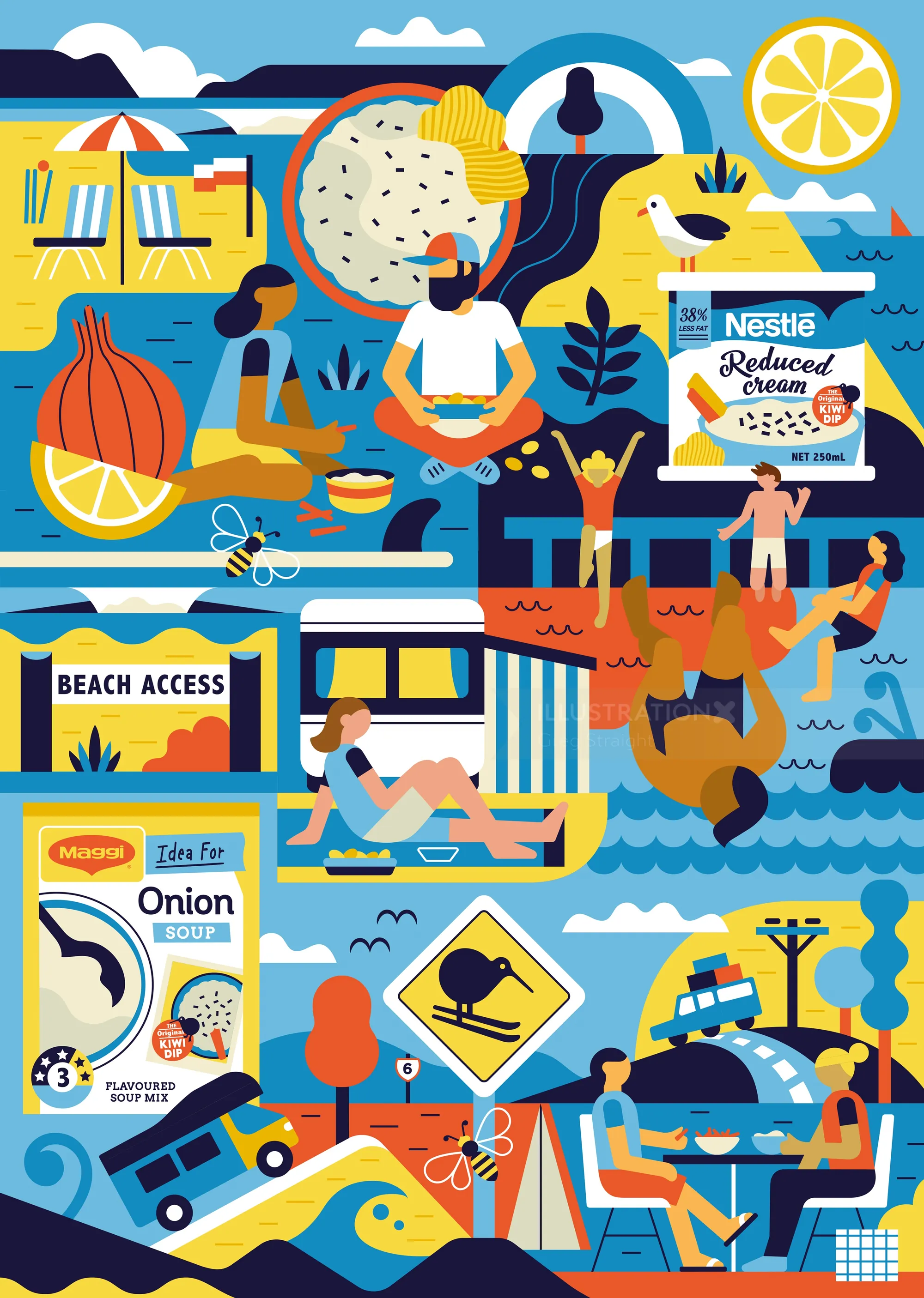 Beach illustration with Nestlé and Maggi products by Greg Straight