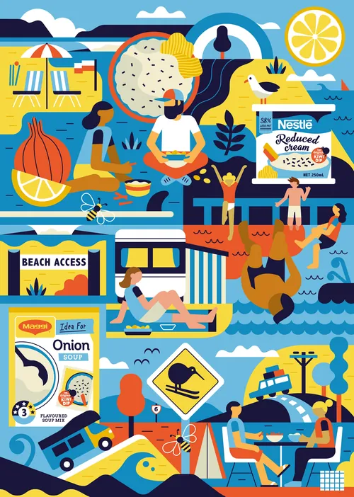 Beach illustration with Nestlé and Maggi products by Greg Straight