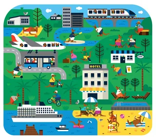 Illustration of city transportation and recreational activities by Greg Straight