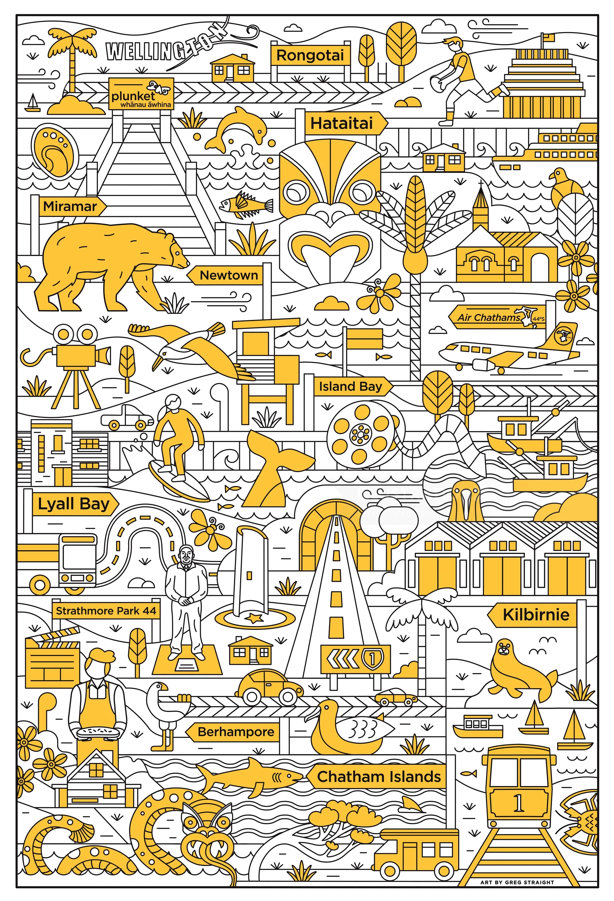 Illustrated map of Chatham Islands and nearby locations by Greg Straight