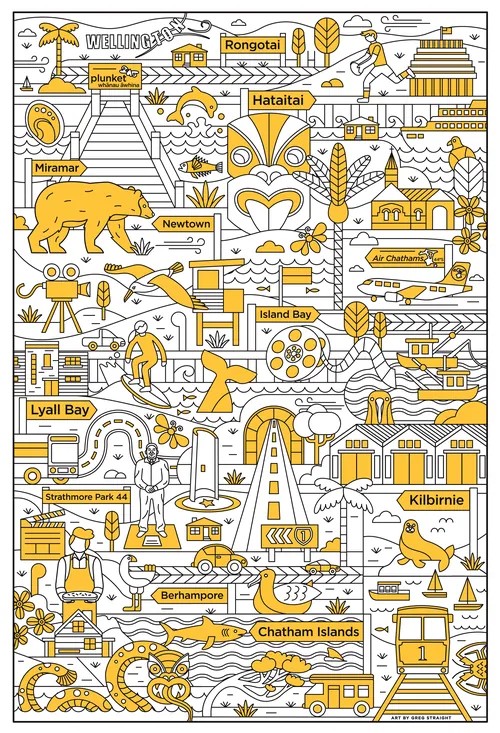 Illustrated map of Chatham Islands and nearby locations by Greg Straight