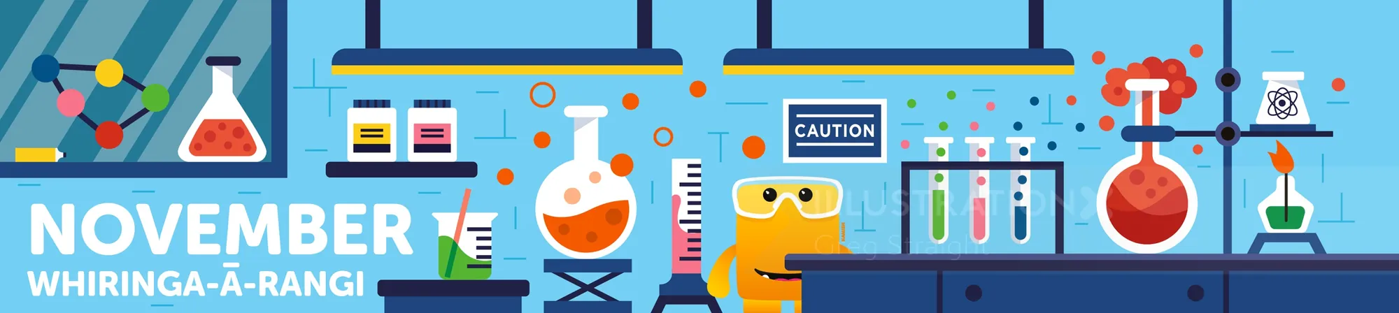 Illustration of colorful lab equipment and experiments in a laboratory