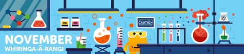 Illustration of colorful lab equipment and experiments in a laboratory