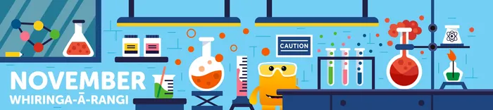 Illustration of colorful lab equipment and experiments in a laboratory